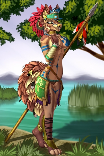 2019 4_toes 5_fingers anthro breasts canid canine day detailed_background digital_media_(artwork) eyebrows eyelashes feet female fingers grass hi_res mammal markings melee_weapon outside plant polearm sky smile solo spear standing tales_foxdale toes tribal tribal_markings water weapon // 853x1280 // 236.2KB