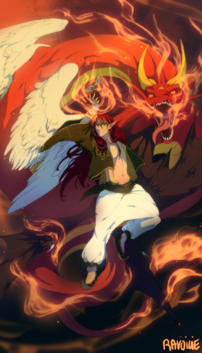 2020 athletic clothed clothing digital_media_(artwork) dragon duo elf feathered_dragon feathered_wings feathers feral fire hair hi_res horn humanoid male open_mouth orange_eyes ravoilie red_hair teeth tongue white_body white_feathers wings // 932x1629 // 1.8MB