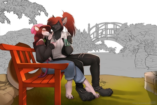 2019 4_toes 5_fingers anthro barefoot brown_hair canid canine canis clothed clothing day detailed_background digital_media_(artwork) domestic_dog duo feet female fingers furlana hair male mammal outside sitting smile toes // 1280x855 // 122KB