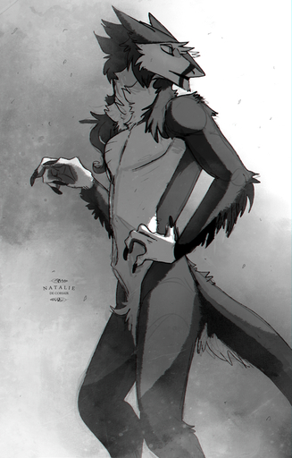 claws greyscale looking_back male monochrome natalie_de_corsair neck_tuft nude pubes sergal solo standing tuft // 638x1000 // 673.4KB