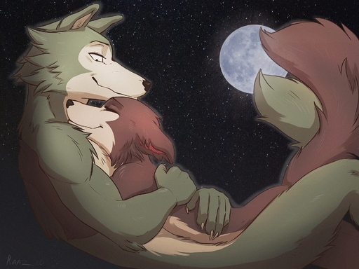 2020 <3 anthro anthro_on_anthro beastars brown_body brown_fur canid canine canis detailed_background duo female female_on_top fluffy fluffy_tail fur green_body green_fur hi_res hug juno_(beastars) legoshi_(beastars) love male malefemale male_on_bottom mammal moon night nude on_bottom on_top outside raaz romantic_ambiance romantic_couple sky smile star starry_sky wolf // 2048x1535 // 1007.8KB