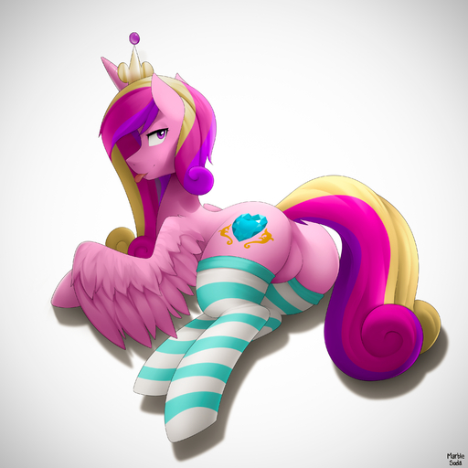 1:1 absurd_res butt clothing crown cutie_mark digital_media_(artwork) equid equine feathered_wings feathers female feral footwear fur hair hi_res horn horse legwear looking_at_viewer lying mammal marblesoda multicolored_hair pink_body pink_fur princess_cadance_(mlp) purple_eyes rear_view socks solo teasing tongue tongue_out winged_unicorn wings // 3000x3000 // 5.0MB