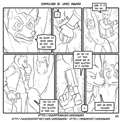 anthro blush bound bulge canid canine clothed clothing comic dialogue digital_drawing_(artwork) digital_media_(artwork) dominant dominant_male duo english_text forced fox fox_mccloud grope hi_res james_howard lagomorph leporid male malemale mammal monochrome profanity rabbit rape sketch submissive submissive_male text threat threatening topless video_games // 1821x1809 // 1.1MB