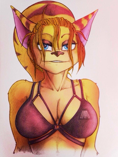 3:4 alien angela_cross anthro bedroom_eyes big_breasts big_ears blue_eyes bra breasts brown_stripes cleavage clothed clothing felid feline female female_focus fur hair half-closed_eyes logo lombax looking_at_viewer luraiokun mammal messy_hair midriff narrowed_eyes ponytail ratchet_and_clank seductive smile smiling_at_viewer solo sony_corporation sony_interactive_entertainment stripes underwear video_games yellow_body yellow_fur // 768x1024 // 113.1KB