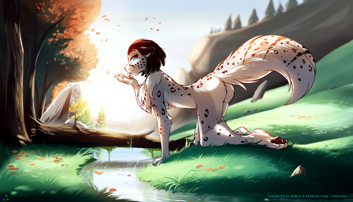 2019 adira_(twokinds) all_fours anthro blue_eyes breasts butt casual_nudity chest_tuft conditional_dnp creek day detailed_background digitigrade drinking eyebrows eyelashes feet felid female fingers fluffy fluffy_tail forest fur grass hi_res keidran looking_aside looking_at_viewer mammal nude outside pantherine pawpads plant sky smile snow_leopard solo spots spotted_body spotted_fur text toes tom_fischbach tongue tongue_out tree tuft twokinds url water webcomic webcomic_character // 3111x1778 // 6.0MB