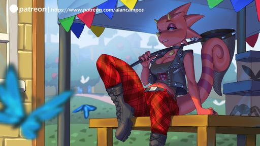 16:9 2020 alanscampos anthro arthropod belt boots bottomwear breasts butterfly chameleon cleavage clothed clothing crossgender depth_of_field digital_media_(artwork) eyelashes female flick_(animal_crossing) footwear furniture hi_res holding_object horn insect jacket lepidopteran lizard looking_at_viewer mtf_crossgender net non-mammal_breasts outside pants reptile scalie shirt sitting solo table text topwear url video_games widescreen // 2000x1125 // 472.3KB