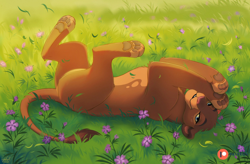 disney felid female feral flower grass half-closed_eyes hindpaw legs_up lion looking_at_viewer lying mammal narrowed_eyes nirmala on_back on_grass outside pantherine pawpads paws plant reallynxgirl smile solo the_lion_guard the_lion_king // 1280x837 // 255.5KB