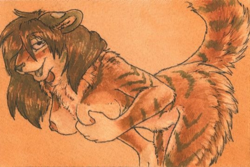 anthro breasts felid female hair hand_on_breast looking_at_viewer mammal nipples nude pantherine ruaidri solo stripes tiger // 538x359 // 40KB