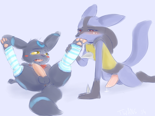 2014 3_toes 4:3 alternate_color anthro anus balls black_body black_fur blue_body blue_fur blush bodily_fluids canid canine clothing cum duo eeveelution erection feet foot_fetish foot_lick foot_play fur genital_fluids genitals half-closed_eyes legwear licking lucario lying male malemale mammal narrowed_eyes pawpads paws penis pokemon_(species) precum red_eyes shiny_pokemon simple_background spikes stockings toes tongue tongue_out twang umbreon video_games white_background yellow_eyes // 1024x768 // 414.4KB