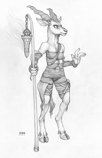 4_fingers anthro bandeau bovid caprine chest_wraps clothed clothing cloven_hooves ecmajor female fingers goat greyscale hasbro hi_res hooves horizontal_pupils horn lantern magic:_the_gathering mammal monochrome pupils solo staff topwear wizards_of_the_coast wrappings wraps zedruu // 1102x1708 // 1.6MB