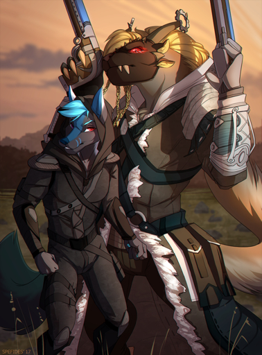 5_fingers anthro blonde_hair blue_hair blue_nose canid canine charr duo felid fingers guild_wars gun hair holding_gun holding_object holding_weapon horn looking_at_viewer male mammal ranged_weapon red_eyes spefides video_games weapon // 739x1000 // 1.0MB