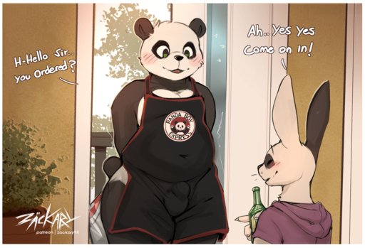 2022 alcohol anthro apron beer beverage blush bottomless bulge clothed clothing conditional_dnp detailed_background english_text giant_panda green_eyes hoodie lagomorph male mammal size_difference text topwear ursid zackary911 // 1456x993 // 1.6MB