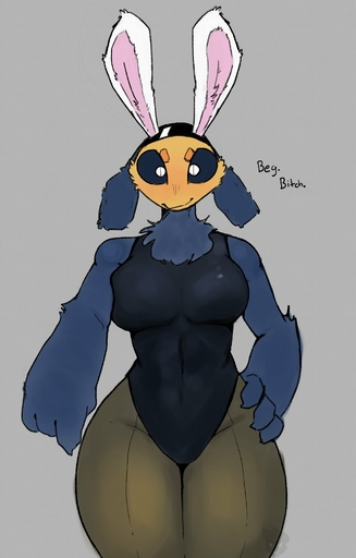 anthro arthropod bee black_sclera breasts bunny_costume bunny_ears_(cosmetic) clothing costume female gesture goonie-san hand_on_hip hi_res hymenopteran insect looking_at_viewer mercy_(goonie-san) non-mammal_breasts pointing pointing_down smile smiling_at_viewer solo text thick_thighs wide_hips // 1302x2039 // 237.8KB