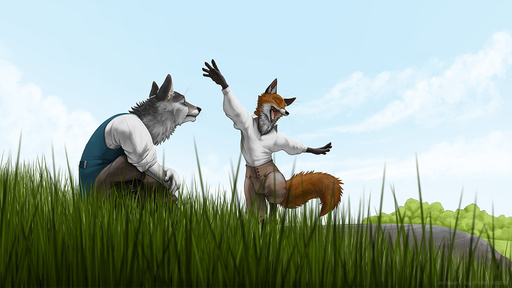 16:9 2020 anthro brown_body brown_fur canid canine canis clothed clothing cloud detailed_background duo eyes_closed fox fully_clothed fur grass grey_body grey_fur ipoke low-angle_view mammal open_mouth open_smile outside plant rock sitting sky smile widescreen wolf // 1280x720 // 762.3KB