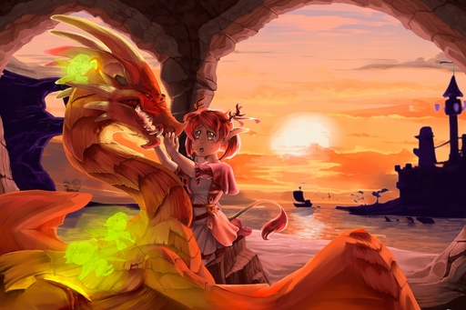 clothed clothing day detailed_background digital_media_(artwork) digital_painting_(artwork) dragon female feral group hair humanoid male membrane_(anatomy) membranous_wings open_mouth outside red_body red_eyes red_hair red_scales scales ship sky sun teeth tongue ulitochka vehicle water watercraft wings // 1280x853 // 217.2KB