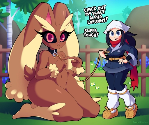 :3 akari_(pokemon) anthro black_sclera collar duo english_text eroticphobia female frown hand_on_hip hi_res human kneeling larger_male leash looking_at_viewer lopunny male malefemale mammal open_mouth open_smile pokemon_(species) red_eyes size_difference smaller_female smile text video_games // 1600x1342 // 269.5KB