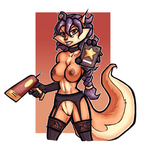 1:1 absurd_res anthro areola breasts canid canine carmelita_fox clothing ear_piercing ear_ring female fox garter_belt garter_straps genitals gloves handwear hi_res legwear lingerie looking_at_viewer luraiokun mammal piercing police_badge pussy sly_cooper_(series) solo sony_corporation sony_interactive_entertainment stockings sucker_punch_productions video_games weapon // 2800x2800 // 2.4MB