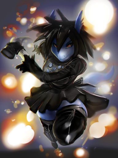 2017 anthro black_clothing black_dress black_hair breasts clothing cosplay dragon dress explosion female general-irrelevant gloves hair handwear hi_res jv katana legwear looking_at_viewer melee_weapon non-mammal_breasts scalie smile solo sword thigh_highs weapon // 1080x1440 // 1.3MB