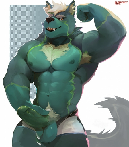 anthro armpit_hair bakemonoy balls body_hair canid canine canis countershading flexing flexing_bicep fur genitals green_body green_fur hi_res holding_penis humanoid_genitalia humanoid_penis male mammal mostly_nude muscular muscular_male penis simple_background solo wolf // 1126x1280 // 188.7KB