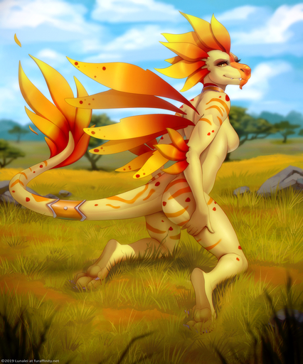 2019 5_fingers anthro biped breasts day detailed_background digital_media_(artwork) dragon eyelashes female fingers grass kneeling lunalei non-mammal_breasts nude outside plant scalie sky smile solo // 833x1000 // 1.1MB