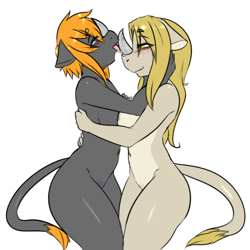1:1 anthro avante92 blonde_hair blue_eyes breast_squish breasts breasts_frottage duo female femalefemale hair hi_res horn licking mammal navel nipples_touching nude orange_hair rhinocerotoid squish tongue tongue_out yellow_eyes // 1900x1900 // 628.3KB