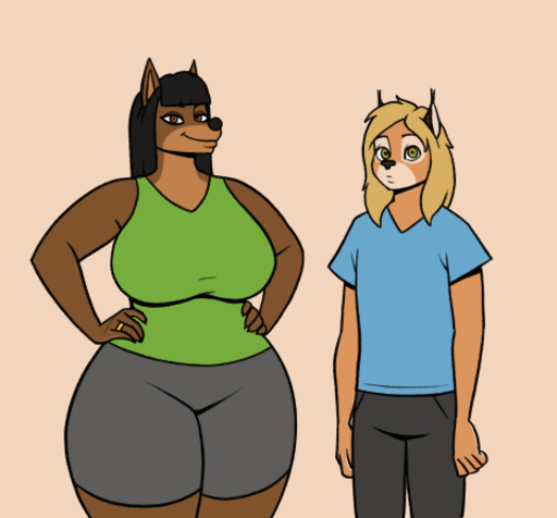 2021 animated anthro big_breasts black_bottomwear black_clothing black_hair black_nose bottomwear breasts brown_body brown_ears canid canine canis clothed clothing dobermann domestic_dog duo english_text felid feline female fur gina_(kostos_art) grey_bottomwear grey_clothing hair hand_on_hip hands_on_hips kostos_art looking_at_another looking_at_breasts looking_at_viewer low_res lynx mammal marty_(kostos_art) narrowed_eyes pinscher pose russian_text smile text wide_hips // 480x446 // 2.3MB
