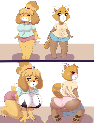2020 3_toes 4_fingers <3 <3_eyes aggressive_retsuko ailurid all_fours animal_crossing anthro big_breasts big_butt blonde_hair blush blush_stickers bra breasts butt canid canine canis clothed clothing crossover digital_media_(artwork) domestic_dog duo eyes_closed feet female fingers hair hi_res isabelle_(animal_crossing) looking_back mammal mr-shin nintendo open_mouth partially_clothed pawpads raised_clothing raised_shirt raised_topwear red_panda retsuko sanrio shih_tzu shirt short_stack smile thick_thighs toes topwear toy_dog underwear video_games // 1400x1830 // 842.8KB