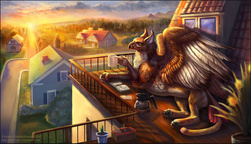 2017 7:4 accipitrid accipitriform avian balcony beak beverage bird brown_body brown_feathers brown_fur building coffee container cup detailed_background digital_media_(artwork) eagle feathers female feral fur gryphon house mythological_avian pawpads paws red-izak relaxing resting sitting solo tysha wings // 1204x688 // 803.7KB