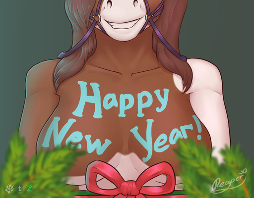 2017 absurd_res anthro big_breasts breasts bridle equid equine female fur hair halter hi_res holidays horse huge_breasts mammal multicolored_hair new_year nude reaper3d simple_background smile solo // 3200x2500 // 3.7MB