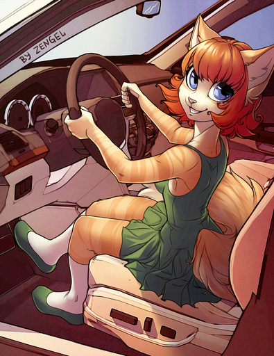 2015 anthro biped blue_eyes breasts car claws clothed clothing detailed_background domestic_cat dress felid feline felis female hair inner_ear_fluff inside inside_car iskra looking_at_viewer mammal orange_hair pink_nose sitting smile solo steering_wheel stripes tabby_cat tuft vehicle vera_(iskra) young // 900x1168 // 1.7MB