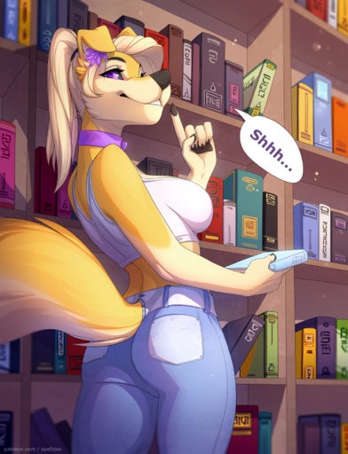 anthro blonde_hair breasts butt_pose canid canine clothed clothing eyelashes female flower hair library looking_at_viewer mammal michelle_(anarchyreigns) plant pose smile solo spefides standing // 689x900 // 709.1KB