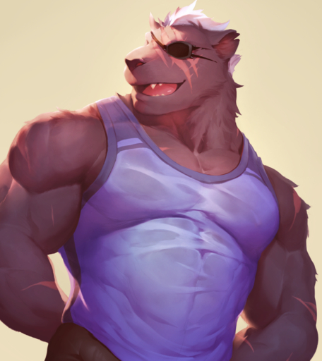 2015 anthro black_nose clothed clothing eye_patch eyewear fangs half-length_portrait male mammal muscular muscular_anthro muscular_male null-ghost open_mouth portrait scar shirt simple_background solo tank_top topwear // 885x994 // 1014.9KB
