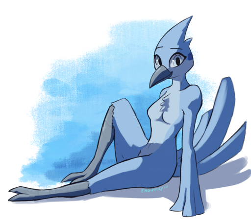 2020 anthro avian beak bird blue_background blue_body blue_feathers breasts chest_tuft enginetrap feathers featureless_breasts female hi_res light lighting looking_at_viewer non-mammal_breasts nude shadow simple_background sitting solo tuft white_background // 1600x1414 // 1.6MB