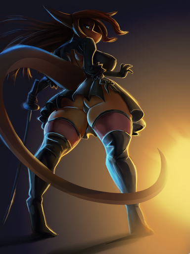 3:4 anthro breasts butt clothing digital_media_(artwork) digitigrade dress female general-irrelevant hair hi_res holding_object holding_sword holding_weapon legwear looking_back low-angle_view melee_weapon panties scalie side_boob simple_background solo standing stockings sword thick_thighs underwear upskirt weapon wide_hips // 1080x1440 // 1.2MB