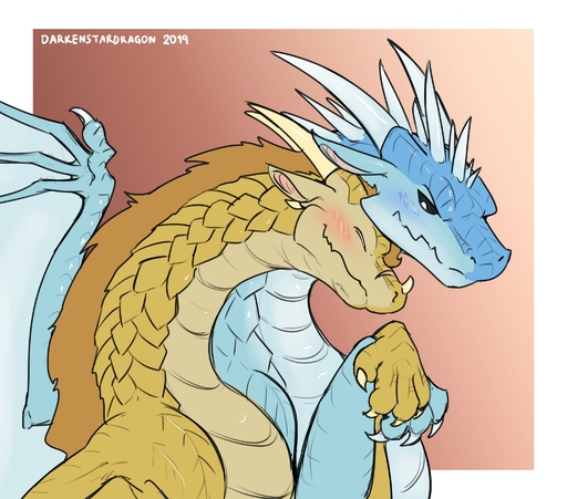 2019 4_fingers blue_blush blue_body blue_scales blush border claws darkenstardragon digital_media_(artwork) dragon duo eyes_closed facial_scar feral fingers frill_(anatomy) hand_holding head_crest head_frill hi_res horn icewing_(wof) male malemale membrane_(anatomy) membranous_wings nose_horn nuzzling qibli_(wof) romantic romantic_couple sandwing_(wof) scales scar simple_background smile white_border wing_claws wings wings_of_fire winter_(wof) yellow_body yellow_scales // 2048x1803 // 336.9KB