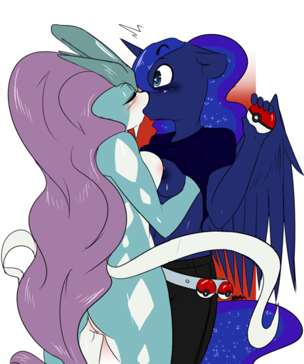2013 5:6 anthro anthrofied avante92 blue_eyes blue_hair blush breast_squish breasts breasts_frottage butt clothed clothing clothing_lift crossover duo equid equine eyes_closed feathered_wings feathers female femalefemale genitals hair hi_res horn horse kissing legendary_pokemon long_hair mammal nude pokeball pokemon_(species) pokemorph pony princess_luna_(mlp) pussy shirt shirt_lift simple_background squish suicune surprise topwear video_games white_background wing_boner wings // 1280x1536 // 660.0KB