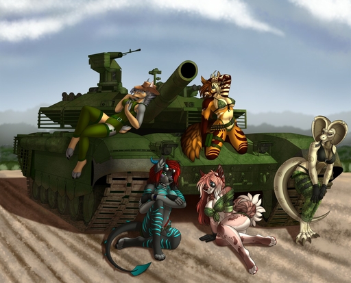 2019 anthro breasts canid canine canis clothed clothing day detailed_background digital_media_(artwork) domestic_dog dragon female fully_clothed group hair mammal non-mammal_breasts outside red_hair reptile scalie sky snake tales_foxdale tank vehicle wingless_dragon // 1280x1032 // 243.7KB