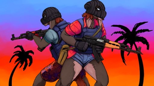 16:9 ak-47 anthro armor asinus assault_rifle breasts brother brother_and_sister brown_hair cleavage clothed clothing colored donk donk_sis donkey duo equid equine female gun hair hi_res hladilnik horse long_ears male mammal mask ranged_weapon rifle sibling sister synthwave weapon widescreen // 1920x1080 // 1.5MB