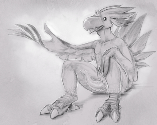 2016 animal_genitalia animal_penis anthro avian beak bird chocobo cloaca erection feathered_wings feathers final_fantasy genitals graphite_(artwork) grey_background hi_res male monochrome open_mouth pencil_(artwork) penis simple_background smile solo square_enix tapering_penis traditional_media_(artwork) video_games wings yaroul // 1512x1203 // 2.1MB
