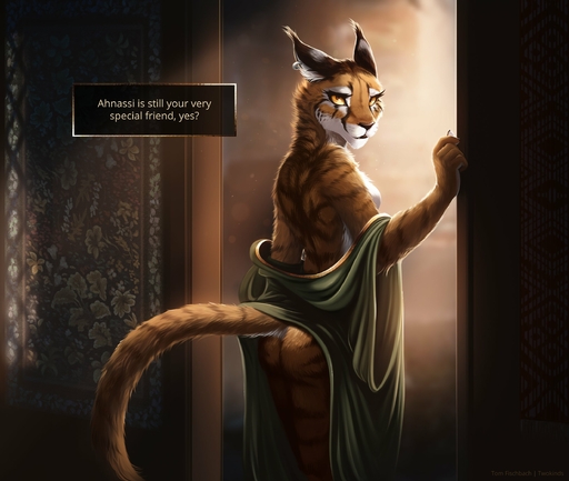 2022 ahnassi anthro bedroom_eyes biped breasts brown_body brown_fur clothed clothing conditional_dnp detailed_background digital_media_(artwork) ear_piercing ear_ring english_text felid female fur hi_res khajiit mammal narrowed_eyes piercing seductive signature smile solo text tom_fischbach tuft undressing video_games // 2468x2087 // 380.1KB