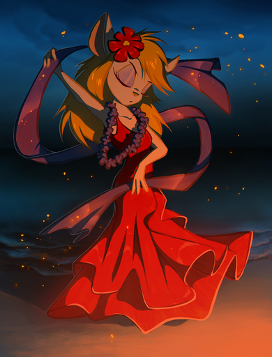 4_fingers anthro blonde_hair clothed clothing dancer_girl dancing dancing_girl detailed_background dress eyelashes eyes_closed female fingers hair hi_res hioshiru lahwhinie mammal mouse murid murine night outside rodent seaside sky solo // 914x1200 // 826KB