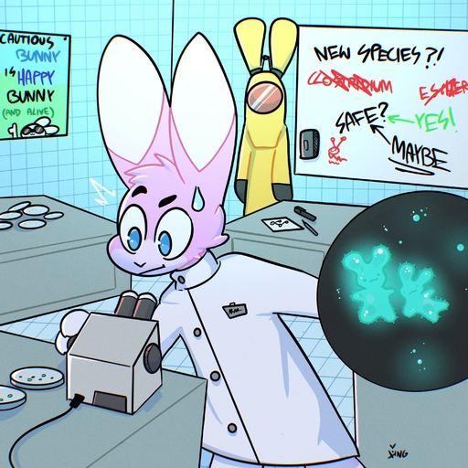 1:1 absurd_res ambiguous_gender anthro bodily_fluids cheek_tuft clothing coat facial_tuft fur glowing group hazmat_suit hi_res humor lab_coat laboratory lagomorph leporid male mammal micro_organism_(organism) microscope microscopic pink_body pink_fur rabbit science_experiment suprised_look surprise sweat sweatdrop the_xing1 topwear tuft white_body white_fur wide_eyed // 3000x3000 // 1.5MB