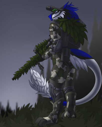 2019 4:5 black_body black_fur blue_body blue_eyes blue_fur camo camo_clothing camo_print clothed clothing detailed_background digital_media_(artwork) fur gun headgear hi_res long_tail male nightvision_goggles outside pattern_clothing ranged_weapon rifle sergal sniper sniper_rifle solo standing tales_foxdale weapon white_body white_fur // 1024x1280 // 125.8KB