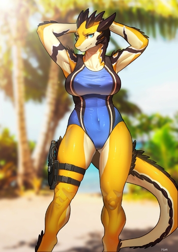 absurd_res anthro big_breasts black_body black_scales blue_eyes blurred_background breasts camel_toe clothing eyelashes female gun handgun hands_behind_head hi_res holster horn lizard one-piece_swimsuit outside pgm300 pistol ranged_weapon reptile scales scalie solo swimwear tan_body tan_scales weapon yellow_body yellow_scales // 2067x2923 // 466.4KB