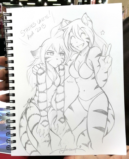 2015 absurd_res animal_humanoid anthro big_breasts bikini breast_envy breast_size_difference breasts cat_humanoid clothed clothing conditional_dnp duo english_text eyes_closed facial_markings felid felid_humanoid feline feline_humanoid female flora_(twokinds) fur graphite_(artwork) grin hair head_markings hi_res human humanoid kate_summers keidran long_hair looking_at_breasts mammal mammal_humanoid markings monochrome pantherine panties pencil_(artwork) sketch small_breasts smile standing stripes swimwear text tiger tom_fischbach traditional_media_(artwork) twokinds underwear webcomic webcomic_character yosh!_comics // 2808x3448 // 835.8KB