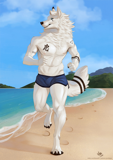 anthro athletic beach bottomwear canid canine canis clothing hi_res maaia male mammal muscular running seaside shorts solo tattoo text wolf // 877x1240 // 584.6KB
