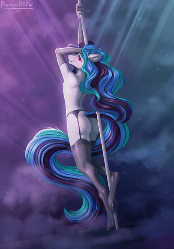 absurd_res anthro butt clothing dancing equid equine garter_straps girly hair hasbro hi_res hooves horse legwear long_hair male mammal my_little_pony phenyanyanya pole pole_dancing solo stripper_pole thigh_highs // 2100x3000 // 4.4MB