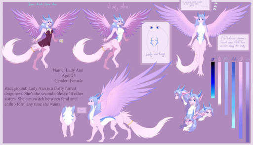 2019 anthro blue_eyes digital_media_(artwork) dragon english_text feathered_dragon feathers female feral fur furred_dragon hair hi_res horn model_sheet pink_body pink_feathers pink_fur smile solo text wrappedvi // 1920x1104 // 1.3MB