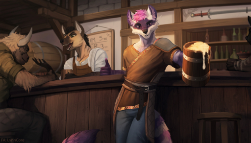 2021 alcohol anthro beverage bovid bovine clothed clothing detailed_background digital_media_(artwork) hair hyaenid looking_at_viewer lynncore male mammal open_mouth pink_hair procyonid raccoon smile tavern teeth tongue trio // 1280x731 // 1.2MB
