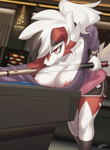 absurd_res anthro areola big_breasts billiard_table biped breast_rest breasts clothing female hi_res jewelry lycanroc nipples pokemon_(species) red_body red_eyes solo solo_focus video_games zinfyu // 3011x4096 // 601.3KB